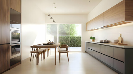 Fototapeta premium Modern Gray And Wood Kitchen With Dining Area and Back Yard View In Natural Sunlight