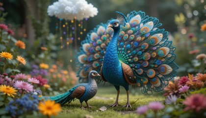 Obraz premium Majestic Peacocks in a Vibrant Garden with Flowers and Rainbow
