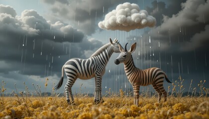 Two Zebras Standing in a Rain Shower Under a Fluffy Cloud in a Field of Yellow Flowers