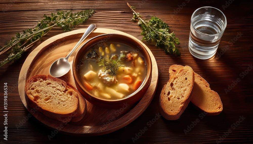 Poster rustic wooden table adorned with a simple lenten meal of fresh bread and vegetable soup