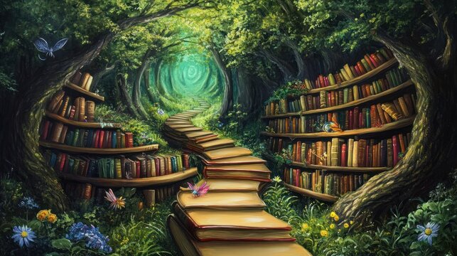 Enchanting forest library path with bookshelves and a journey of reading, storytelling, and imagination