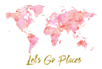 Elegant blush pink watercolor world map with the inspirational quote 'Let's Go Places.' Perfect for travel-themed decor, posters, digital designs, stationery, and wall art.