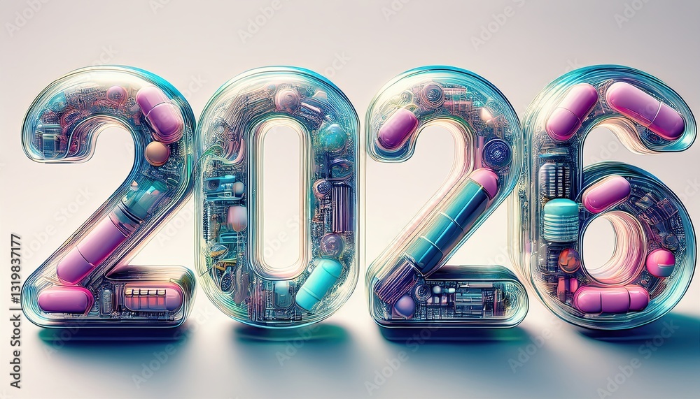 Poster vibrant 2026 design filled with colorful capsules and futuristic elements