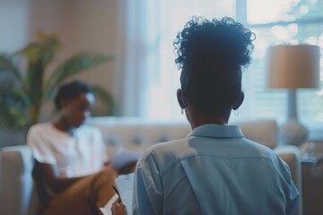 A Black woman therapist sitting on a couch taking notes with a patient, emphasizing therapy