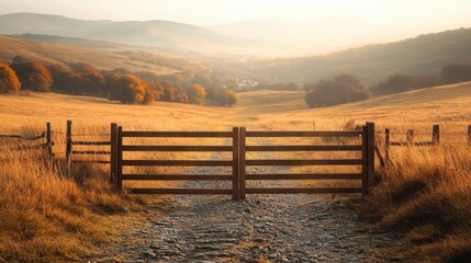 Fototapeta premium Golden sunrise, farm gate, valley path, autumnal hills, peaceful landscape