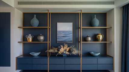Stylish built-in shelving unit with blue backdrop showcases artistic vases and a serene ocean painting. Golden accents add warmth to this architectural shot submitted to Adobe Stock.