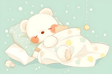 Cute White Teddy Bear Sleeping Peacefully with Floral Blanket and Pillow in Pastel Colors Gentle Cartoon Illustration