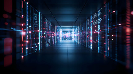 Fototapeta premium Abstract Digital Tunnel with Blue and Red Lights Creating Futuristic Network of Connections