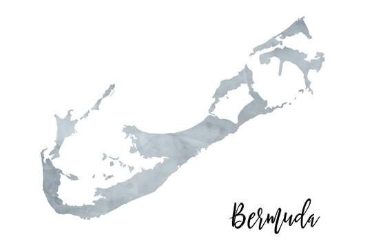Watercolor map of Bermuda Island in blue and gray tones. Artistic hand-painted illustration with soft textures and organic edges. Perfect for travel prints, wall art, decor, graphic design, and digita