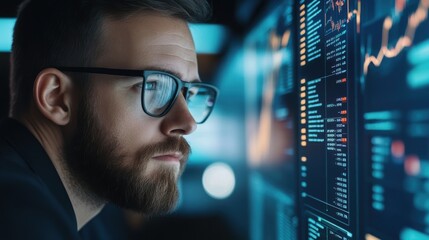 A focused professional analyzes data on a futuristic screen, showcasing advanced analytics and graphs, This image is ideal for technology, finance, and data analysis-related content,