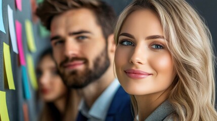 A professional group collaborates creatively, with vibrant sticky notes in the background, Ideal for themes of teamwork, innovation, brainstorming, or modern work environments,