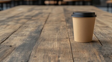 A brown paper coffee cup sits on a rustic wooden table, creating a warm and inviting atmosphere, This image is perfect for coffee shop promotions, branding, or lifestyle blog content,