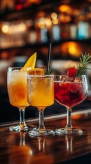 Colorful cocktails are beautifully arranged on the bar counter, illuminated by warm lights. Each drink reflects a unique blend of flavors, inviting patrons to indulge in refreshing moments