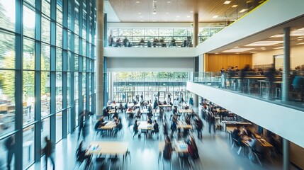 A modern classroom, blurred for effect, features large windows and a spacious layout ideal for teaching and learning.
 