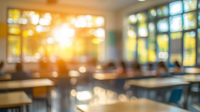 A modern classroom, blurred for effect, features large windows and a spacious layout ideal for teaching and learning.
 