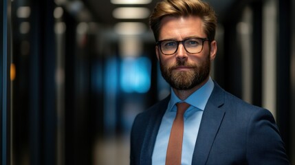 Fototapeta premium Confident businessman in a tailored suit with glasses, standing in a corridor with modern lighting, This image is ideal for business-related content, corporate branding, or professional networking,