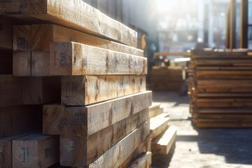 Stacks of wooden planks and beams on a sunny construction site