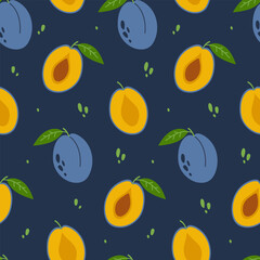 Plum seamless pattern. Whole and halves of fruits with leaves and pits on dark background. Vector illustration.