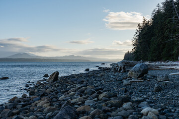 sunset aerial view of the Queen Charlotte Strait seen from Malcolm Island, British Columbia Canada with a dramatic sunset sky
