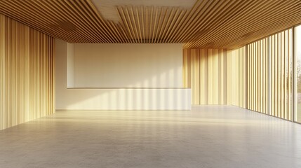 Fototapeta premium A simple, empty room features a kitchen and dining area. One wall is wood-slatted, the other white. 3D rendering. 