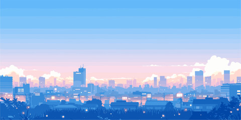 Obraz premium Flat vector cityscape at dusk icons set with urban skyline and twilight scenery.