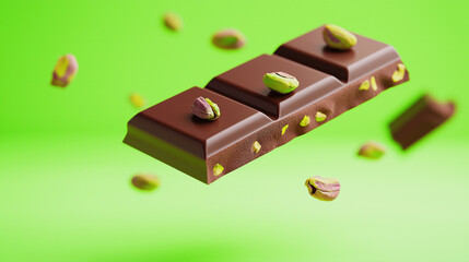 Dark Chocolate Bar With Pistachio Pieces Floating Against a Vibrant Green Background for a Delightful Treat