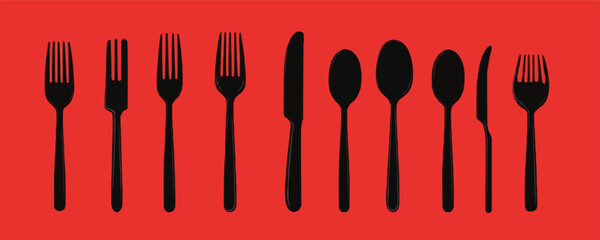 Flat linear cutlery icons set: forks, knives, spoons on red background.