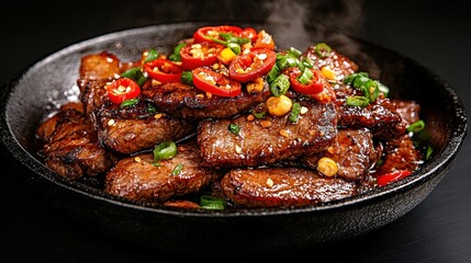 Fototapeta premium Spicy Beef Stir-Fry in a Black Cast Iron Pan