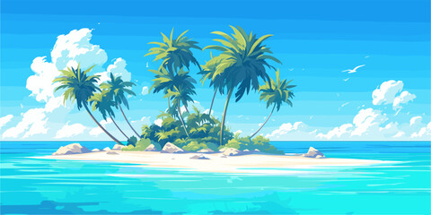 Tropical island in the ocean flat vector icons set - palm trees and clear blue sky.