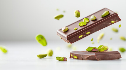 Dark Chocolate Bar With Pistachios Floating Above a Clean Surface Creating a Delicious and Inviting Display