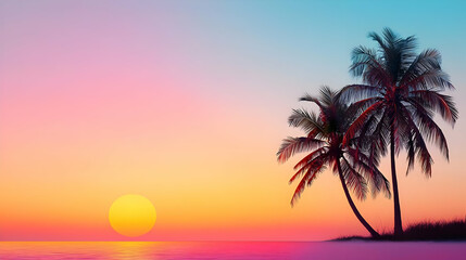 Fototapeta premium Two Palm Trees Silhouetted Against A Vibrant Pink Orange And Yellow Tropical Sunset Over Tranquil Ocean