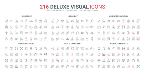 Time management, business process timeline and marketing service, insurance document line icon set. Protective clothing and equipment in industry thin black and red outline symbols vector illustration