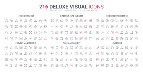 International company communication and management line icon set. Business meeting, focus on success and trends, data analysis from analyst, thin black and red outline symbols vector illustration