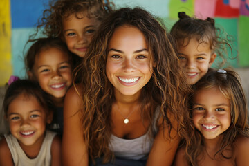 Fototapeta premium Radiant Woman and Happy Children: A Portrait of Joy, Friendship, and Carefree Moments