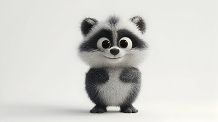 Stylized Raccoon Character with Detailed Fur Texture Standing on White Background and Adorable Eyes Close Up Portrait in Soft Lighting