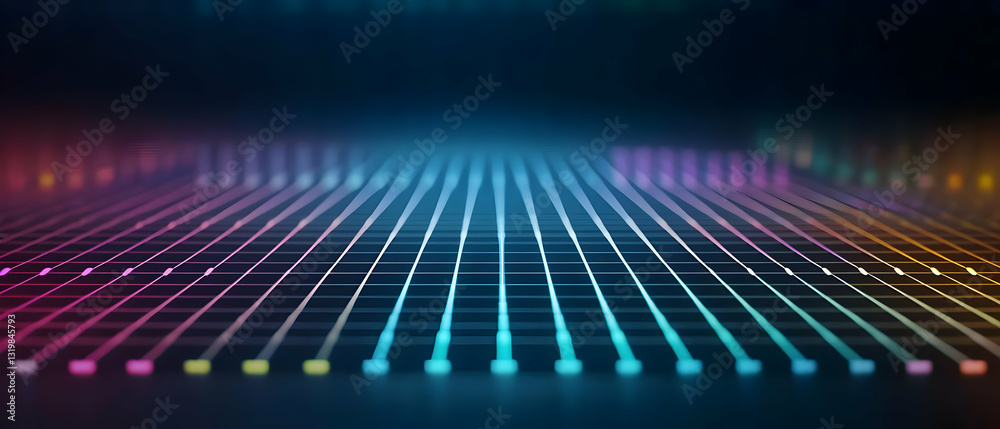 Poster abstract background with luminous grid pattern of colorful neon light lines in dark digital space