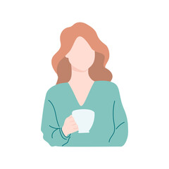 Brown-haired girl with a cup. Vector illustration of a girl with long hair holding a cup of coffee or tea, isolated on a white background. Flat style.