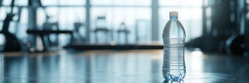 Poster transparent water bottle sits on clean gym floor with blurred workout equipment in background and am