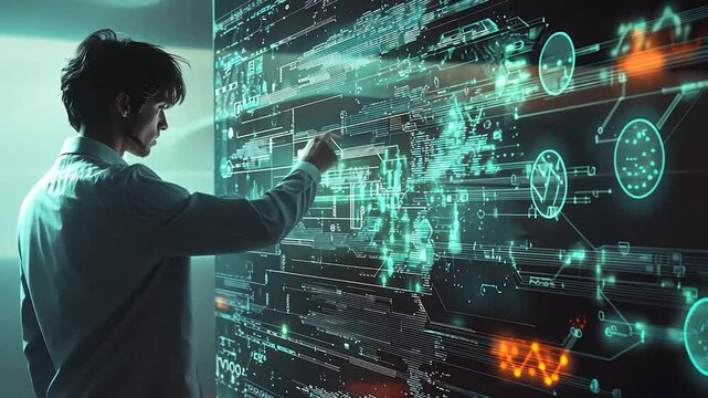 Man interacts with futuristic holographic interface displaying data streams, graphs, and digital information.