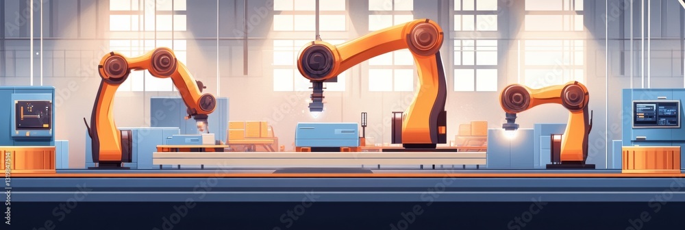 Poster Innovative automated factory showcasing robotic machines enhancing production efficiency and integration of AI technology