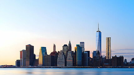 Obraz premium Panoramic City Skyline At Sunset Featuring Modern Buildings Illuminated By Natural Light Across The Water