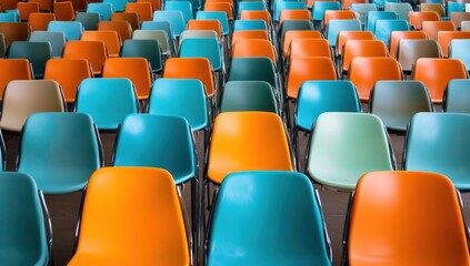 Naklejka premium Colorful Chairs in a Row: A Vibrant Arrangement of Seating