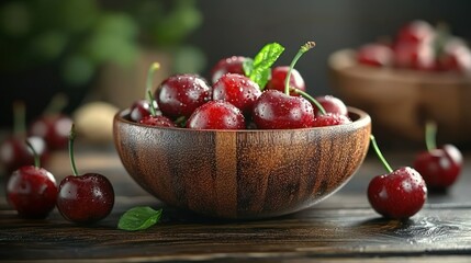 Juicy cherries in wooden bowl, dark background, food photography