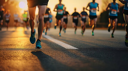 Group Of Runners Competing In A Marathon Race At Sunset On Asphalt Road With Golden Sunlight