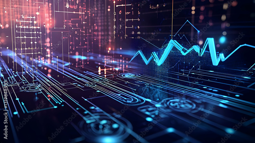 Poster dynamic blue digital data stream with glowing charts on a dark circuit board background visualizing 