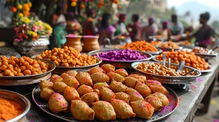 Obraz premium Lively Holi celebration scene featuring people enjoying traditional Indian snacks like samosas and masala chana with colorful powders filling the air and bright festive decor