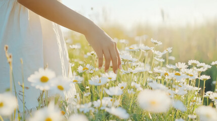 Young female hand touching daisies in a sunlit meadow