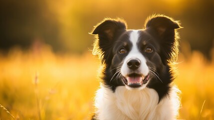 Fototapeta premium Border Collie enjoys a sunny day in a vibrant grassy field, showcasing striking fur and a joyful expression