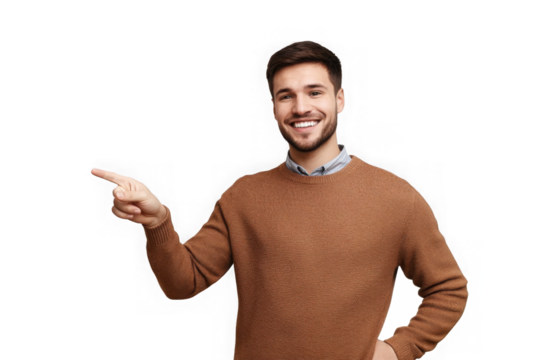 Person smiling while pointing in a clear space, showcasing a friendly and engaging demeanor
