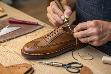 Hands of a Shoemaker Stitching Leather with a Traditional Awl. Artisan Craftsmanship and Handmade Footwear Detailing.